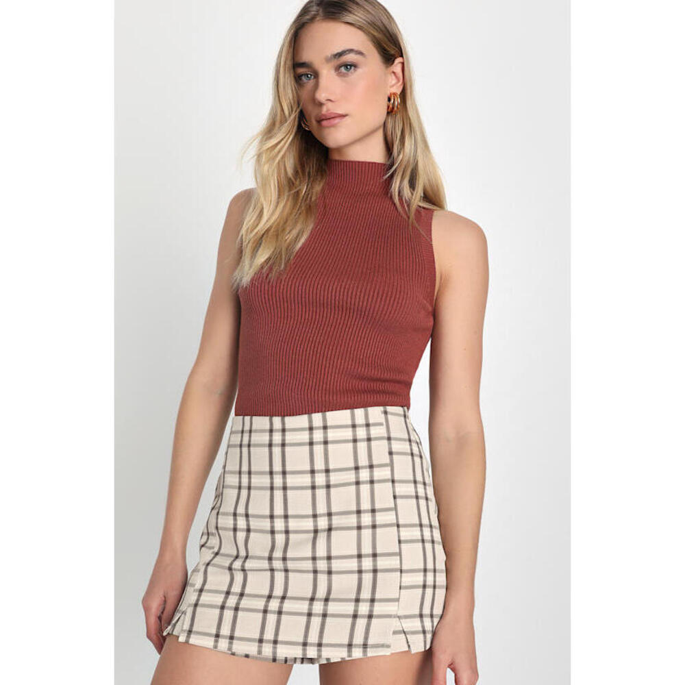 Lulus Superlative Sweetie Beige And Brown Plaid Skort - Size XL